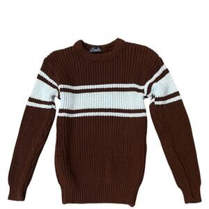 Vintage 90s Chunky Knit Sweater Brown White Stripe Crewneck / Women’s XS/S -